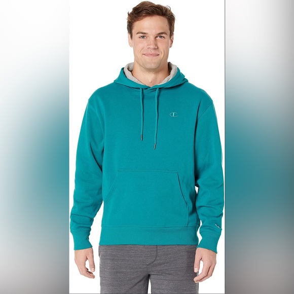 NWT Champion Powerblend C Logo 2XL Men’s Hoodie Teal Turquoise Pocket Sweatshirt - Picture 2 of 10